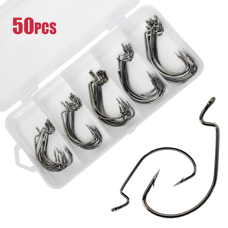 Fishing Hook Offset - 50 stücke Breite Wurm Haken Carbon